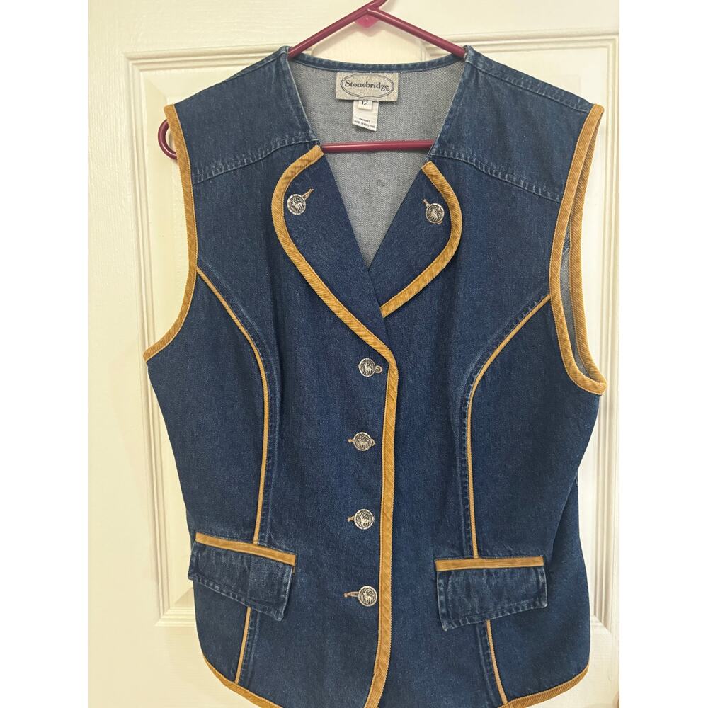 Vintage Stonebridge Western Denim Vest with Gold Corduroy Trim – Size 12